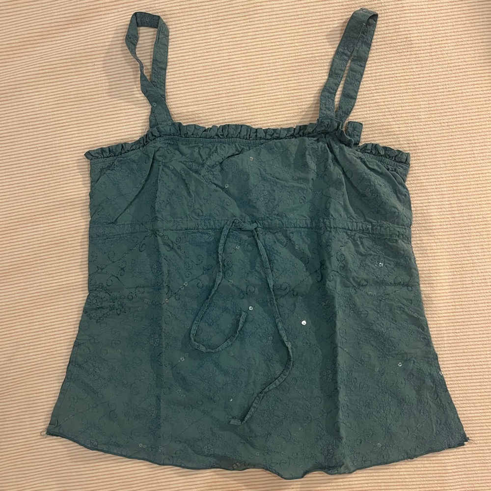 Turquoise Top with Ruffle Trim and Sequins